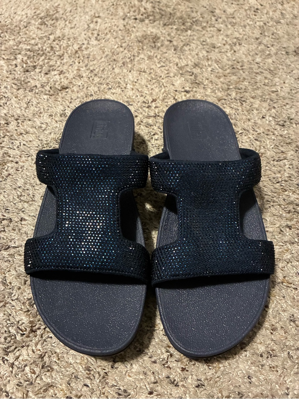 FitFlop womens marli slide sandals 8.5 navy blue rhinestones slip on shoes